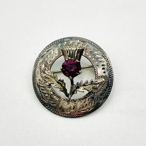 Dainty Vintage Sterling Silver and Amethyst Thistle Brooch - Picture 5 of 9